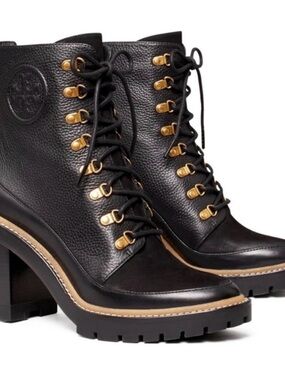 Tory Burch Black Leather Lace-Up Lug Heel Boots with Gold Hardware